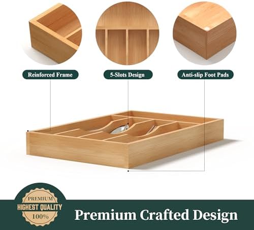 Silverware Organizer, Bamboo Kitchen Drawer Organizer, Utensil Holder, Cutlery Tray & Spoon Flatware Storage with Grooved Drawer Dividers (8.5''W x 13''D) - Image 6