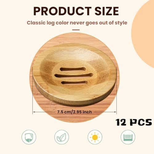 12 Pcs Round Bamboo Soap Dishes Self Draining Wooden Soap Holder Bar Soap Tray for Bathroom Kitchen Shower Sink - Image 2