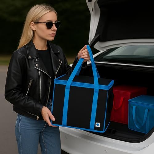 musbus XL-Large Insulated Grocery Shopping Bags, Black, Reusable Bag,Thermal Zipper,Collapsible,Tote,Cooler,BLACK BLUE - Image 4