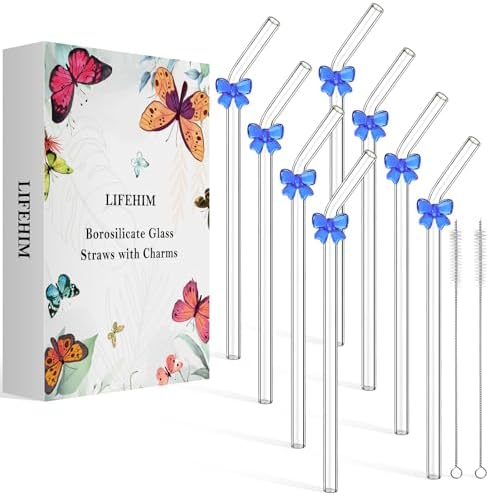 Cute Glass Straws with Blue Bow Charms, 8-Pack 9-Inch Bent for Tumblers by LIFEHIM