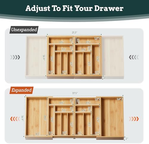 Silverware Organizer Large, Magnetic Connected Expandable 13 Slots Silverware Drawer Organizer From 21 to 37.4 Inches, Adjustable Flatware and Cutlery Holder, Bamboo Utensil Tray for Kitchen Natural - Image 4