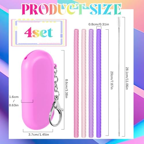 Meanplan 4 Sets Reusable Straws Travel Case Brush Silicone,Pink - Image 2