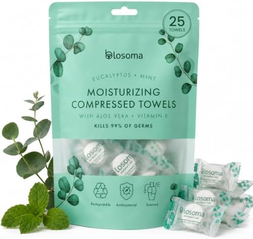 Eucalyptus & Mint Compressed Towels for Travel & Camping – Antibacterial Instant Expandable Face Towels, Biodegradable Disposable Cotton, Pack of 25 by Unknown