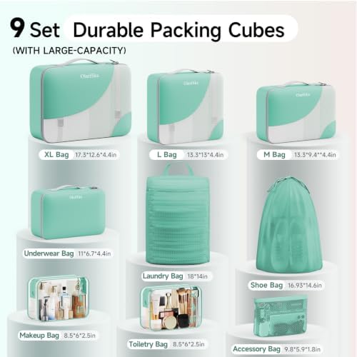 OlarHike Packing Cubes for Travel,Gifts for Women Mom,Anti-Tearing Suitcase Organizer for Luggage with Shoe & Hanging Toiletry Bag,Vacation Essentials & Accessories for Cruise Ship,9 Set,Light Teal - Image 2