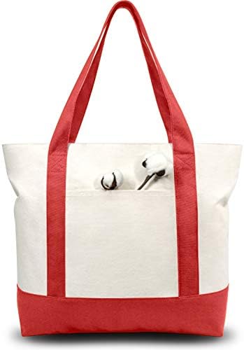 TOPDesign 6-Pack Canvas Tote Bags with an External Pocket, Reusable Grocery Shopping Bags, Top Zipper Closure, Daily Essentials (Red/Natural) by TOPDesign