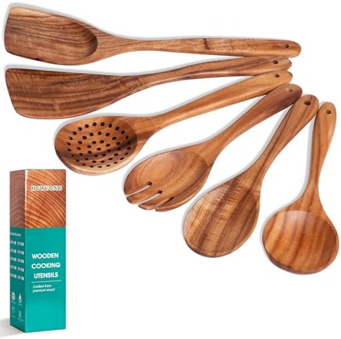 HOWHONG Teak Wooden Cooking Utensils Set - 6 Piece Wood Spoons for Cooking by HOWHONG