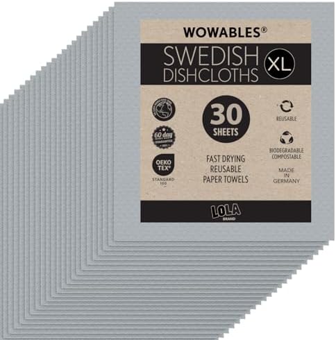 Swedish Dishcloths for Kitchen XL, 30 Sheet Roll, Biodegradable & Compostable, Reusable Paper Towel Cleaning Cloths, 11" x 10", No Odor, Washing Dishes, Ultra Absorbent Cellulose Sponge Towel, By LOLA by LolaProducts