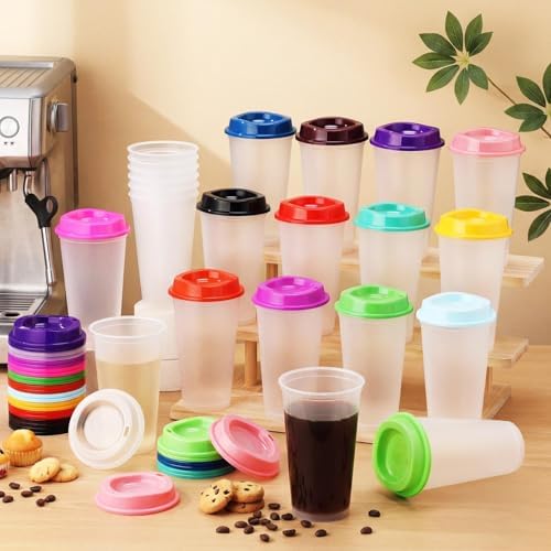 Honeydak 45 Pack 16 oz Reusable Coffee Cups with Lids Water Bottle Iced Coffee Travel Mug Portable Plastic Tea Tumblers Bulk for Hot and Cold Drinks Birthdays Party (Clear with Colors Lid,Classic) - Image 2