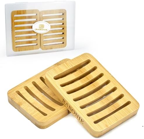 Bar Soap Holder, 2 Pack Self Draining Bamboo Sponge Holder - Curved Surface Slotted Soap Dish for Shower, Bathroom, Bathtub, Sink, RV, Packed in A Case(Bamboo Style) by BABONIE