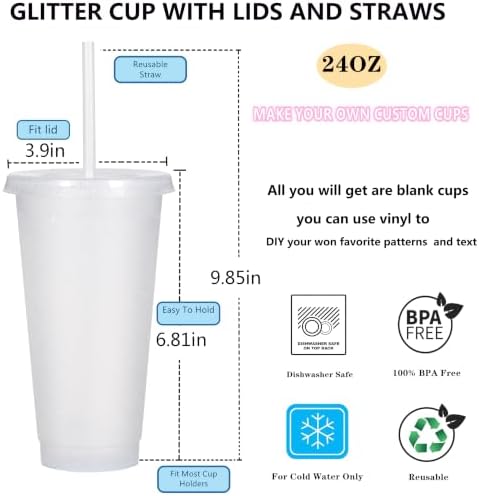 Suertestarry Tumbler with Straw and Lid,Water Bottle Iced Coffee Travel Mug Cup,Reusable Plastic Cups,Perfect for Parties,Birthdays,24oz-5 Pack (White Glitter, 10 pack) - Image 2