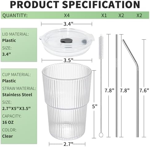 16 OZ Iced Coffee Cups with Lids and Straws Set of 4, Unbreakable Plastic Drinking Glasses Reusable Iced Coffee Glass to Go Cup for Iced Tea,Juice, Water,BPA Free, Dishwasher Safe - Image 4