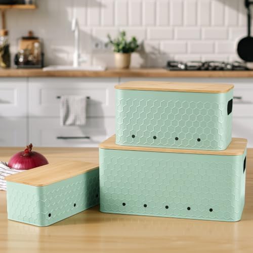 Kitchen Vegetable Storage Set of 3, Metal Onion Garlic Potato Storage Set, Kitchen Canisters Vegetable Keeper Containers with Aerating Holes and Bamboo Lid,Embossed Saga Green - Image 2