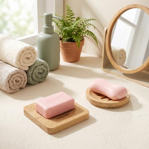 Grevosea 2 Pack Bamboo Soap Dish, Wooden Soap Holder Wood Bar Soap Holder Self Draining Soap Dish Tray for Shower Sink Bathtub Home Kitchen Bathroom Accessories (Round and Square) - Image 7