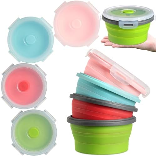 Suclain 4 Pcs Collapsible Bowls with Lids Silicone Camping Food Storage Container Expandable Folding Salad Lunch Box Travel Container for Hiking Camping by Suclain