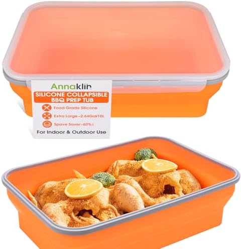 Silicone Collapsible Marinating Container with Lid for Meat, 2.64Gal/10L, Extra Large Collapsible BBQ Prep Tub, Transparent Locking Lid, XL Grill Prep Trays and Carry System, BBQ Must-Have, Orange by Annaklin