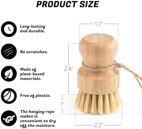 Bamboo Dish Brush 1-Pack - Natural Wood Dish Scrub Brush with Sisal Bristles for Cleaning Pots Pans and Sink - Eco-Friendly Kitchen Scrubber - Image 2
