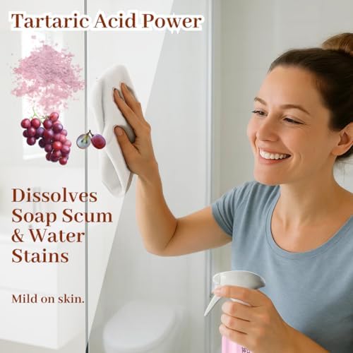 Bathroom Cleaner Starter Kit – Tartaric Acid (Milder than Citric) – Rich Foam Spray Clings to Grime – For Hard Water Stains on Shower Glass, Mirrors, Tile & Tub – Bottle + 3 Refills - Image 5