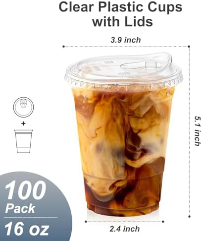 Dealusy 100 Pack - 16 oz Clear Plastic Cups with Sip Lids - Image 2