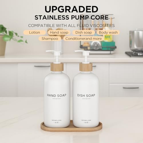 Hand and Dish Soap Dispenser Set,16oz Glass Bottles with Bamboo Pumps & Tray,Countertop Soap Dispensers for Kitchen,Luxury, Minimalist & Farmhouse Decor - Image 4