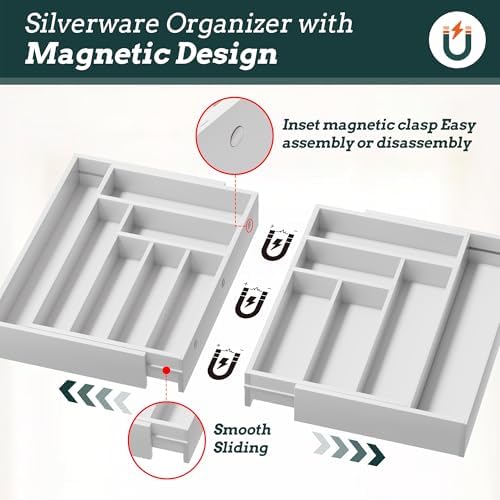 Magnetic Expandable Silverware Drawer Organizer, 13 Slots Utensil White - Image 3