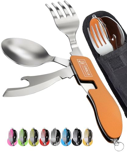 Orblue 4-in-1 Camping Eating Utensils, 2-Pack - Portable Spoon, Fork, Knife & Bottle Opener Combo Set - Stainless Steel Flatware with Detachable Fork - Travel, Backpacking Cutlery Multitool, Orange by Orblue