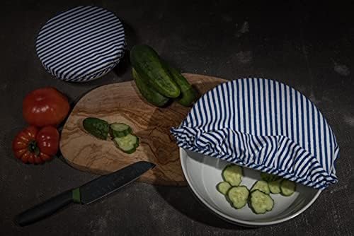 Organic Reusable Bowl Covers – Elastic Bowl Cover Set of 3 Lids Sizes - Blue Stripes 100% Cotton - Great Gift Fabric Food Covers - Kitchen Essential Gift for Women - Stretched Food Covers - Image 2
