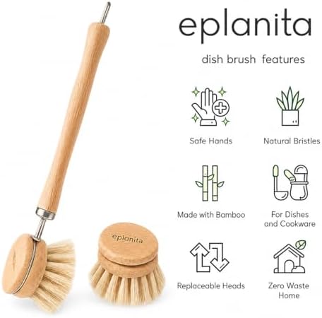 eplanita Natural Dish Brush, 3 Replacement Heads, Kitchen Eco Bamboo Scrubber Brushes, Extra Plant Sponge, Plastic Free Washing Up, Zero Waste Cleaning - Image 2