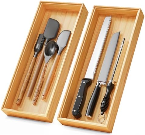 Bamboo Kitchen Drawer Organizer Set of 2, 15" x 6" Stackable Wood Tray by LOCHANTIE