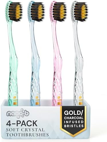 Nano-b Manual Toothbrush Set for Adults with Sensitive Gums, Gold & Charcoal Soft/Medium Bristles, Travel Cases, Blue, Pink, Green, Crystal, 4-Pack by Nano-bPremiumOralCare