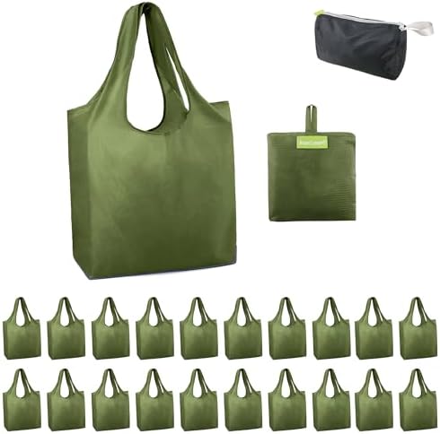 BeeGreen Green Reusable Grocery Bags Wholesale Green Reusable Kitchen Bags Bulk Foldable-Machine Washable with Zipper Storage Pouch 20 Packs by BeeGreen