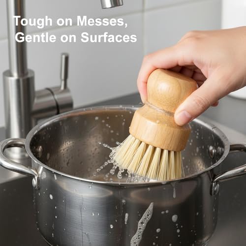 3 Pcs Dish Brush Set, Bamboo Palm Fiber Scrub Brush for Kitchen Cleaning, Pot Pan Sink Wok Vegetable Cleaning Brushes - Image 3