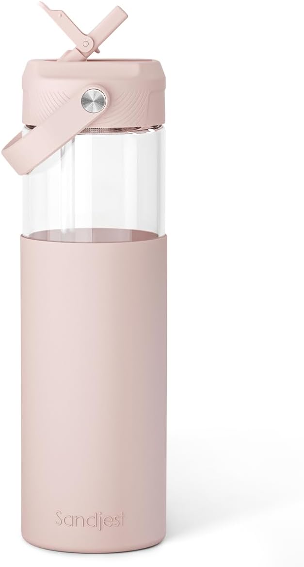 Glass Water Bottle with Silicone Sleeve and Straw Lid 20oz for Girls Women, Glass Drinking Bottles for Travel Home Gym Sports (Warm Sand)