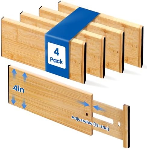 4 Pack 4" Deep Bamboo Drawer Dividers, 12-17" Expandable Kitchen Organizers by Leaforylife
