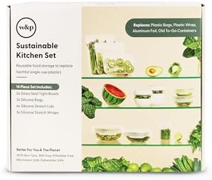 W&P Sustainable Kitchen Set, 14 Pieces (Seal Tight Bowls, Silicone Bags, Stretch Lids & Stretch Wrap) Non-Toxic, Microwave-Safe, Dishwasher-Safe by Unknown