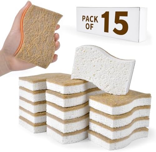 15 Pack Biodegradable Natural Kitchen Sponge - Compostable Cellulose and Coconut Walnut Scrubber Sponge - Eco Friendly Non Toxic Sustainable Sponges for Kitchen Dishes, Non Scratch Cleaning Sponge by Unknown