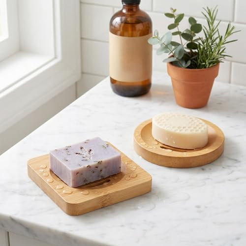 2 Pcs Bamboo Soap Dish Holders, Shower Steamer Holder, Round Natural Wooden Soap Trays, Rustic Bathroom Accessories for Kitchen Bathroom Accessories(Round and Square) - Image 4