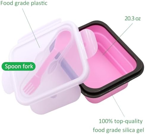 2 Pack Collapsible Silicone Bento Lunch Boxes With Lids Spoon Fork, 20.3oz, Meal Prep Food Storage Containers, Durable, Safe in Microwave, Dishwasher and Freezer, BPA Free (Blue and Pink) - Image 2