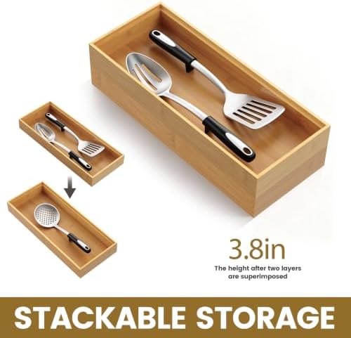 Bamboo Drawer Organizer, Stackable Utensil Trays for Kitchen, Wood Silverware Organizer for Drawer, Set of 2-15"x6"x2" - Image 2