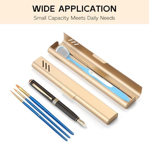 Travel Toothbrush Case, Portable Toothbrush Holder, Durable Aluminum Toothbrush Storage Box, Small Breathable Manual Toothbrush Container for Traveling, School, Camping, Business Trip - Gold - Image 6