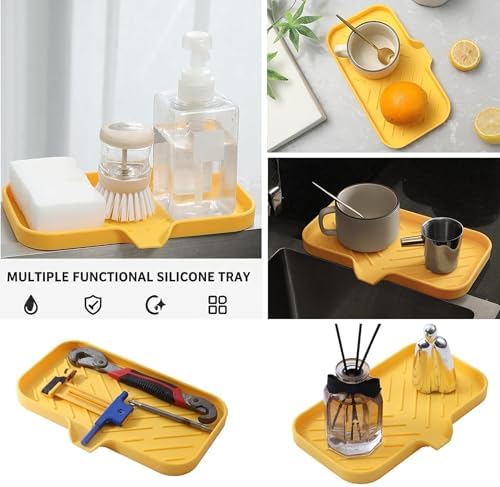 MicoYang Silicone Soap Dish with Drain Spout — Self-Draining Sink Organizer Tray for Bathroom & Kitchen, Sponges, Dispensers & Soap Holder, Non-Slip & Dishwasher Safe, Yellow (Medium, 9.6"×5.3") - Image 5