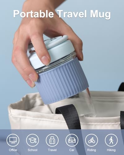 Sivaphe Reusable Glass Ice Hot Coffee Cup 12 oz, Portable Travel Mug with Spill-Proof Lid and Thermal Sleeve for Home Office Blue - Image 2