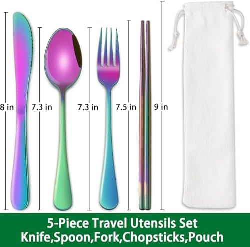 Rainbow Working Lunch Silveware Set,Reusable Travel Utensils Set With Case Includes Stainless Steel Chopsticks Knife Spoon And Fork,Camping Picnic Essentials - Image 2