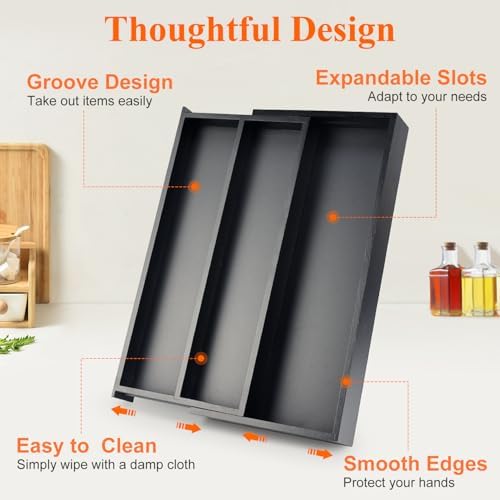 Expandable Black Bamboo Kitchen Utensils Drawer Organizer Silverware Tray - Image 5
