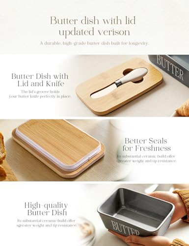 Ceramic Butter Dish with Lid and Knife & Silicone Seal for Countertop Grey - Image 4