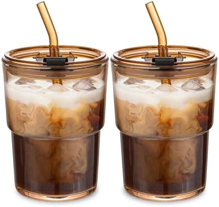 13oz Glass Coffee Tumbler with Straw and Lid, Reusable Iced Coffee Cups, Matcha Smoothies Cup, Thick Wall Seal Drinking Glassware Water Cups,Suit for Car Cup Holder (Amber-2pack) by MINGHYZYA