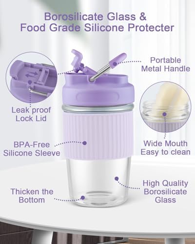 Sivaphe Reusable Glass Ice Hot Coffee Cup 12 oz, Portable Travel Mug with Spill-Proof Lid and Thermal Sleeve for Home Office Purple - Image 6