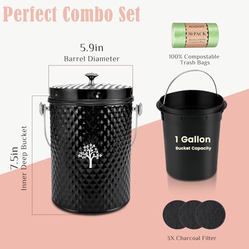 AOSION Countertop Compost Bin, Odor-Free Food Waste Container with 50 Bags - Image 3