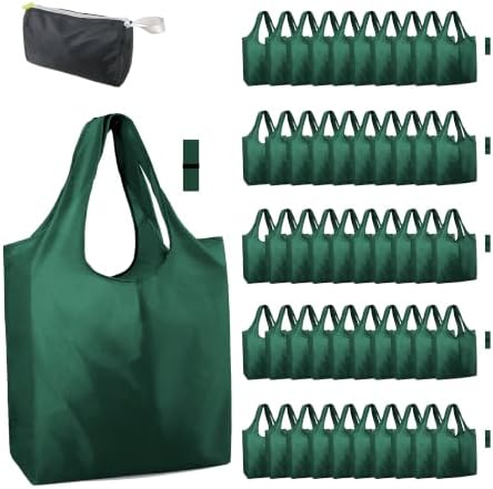BeeGreen Christmas Green Reusable Grocery Bags Dark Green Reusable Kitchen Bags Bulk Foldable-Machine Washable with Zipper Storage Pouch 50 Packs by BeeGreen