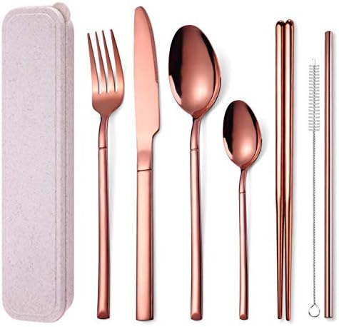 AARAINBOW 7 Pieces Stainless Steel Flatware Set Portable Reusable Cutlery Set Travel Utensils Set Including Chopsticks Knife Fork Spoon Straws Cleaning Brush Dishwasher Safe (Rose golden) by AARAINBOW