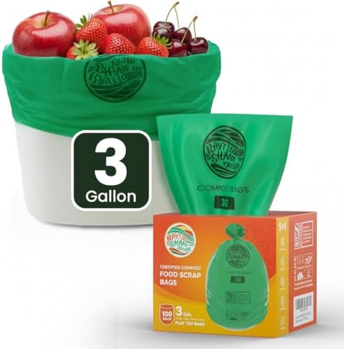 Compost Bags 3 Gallon,100 Count,Compost Food Scrap Waste Bags Fits Countertop Bin,Small Kitchen Food Scrap Waste Bags,Compost bin bags,Certified by BPI,ASTM D6400 and OK compost HOME certified by RAYTID